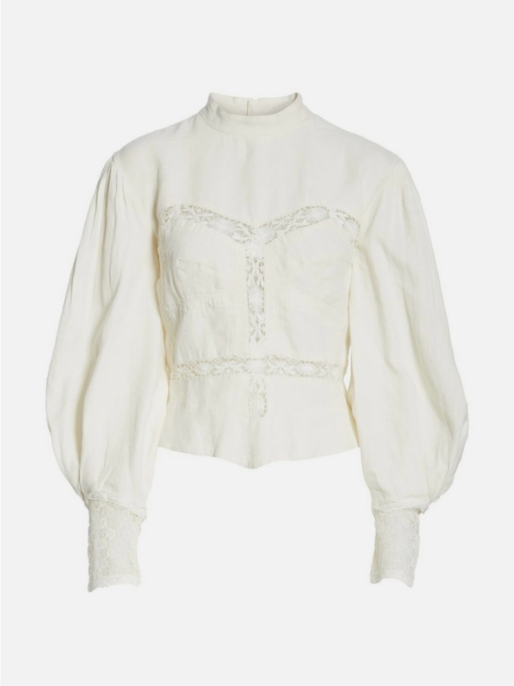 High-Neck Lace-Inset Puff Sleeve Blouse in Cream